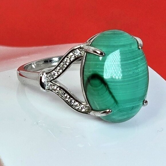 925 Sterling Silver Ring Sz 8.5 with Natural Malachite & CZ - Picture 10 of 15